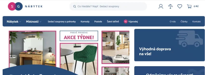 Úvodní stránka e‑shopu Sg‑nabytek.cz s kolekcí kvalitního nábytku, sedacích souprav, skříní a jídelního vybavení