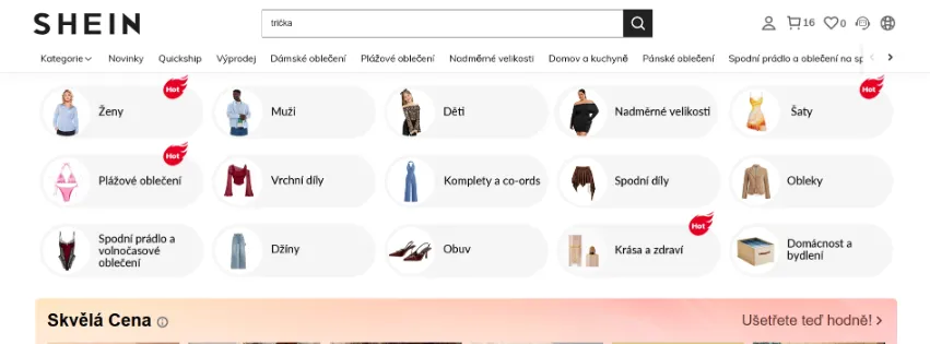 Úvodní stránka e‑shopu Shein.com s širokým výběrem dámské módy, obuvi, doplňků a domácího zboží