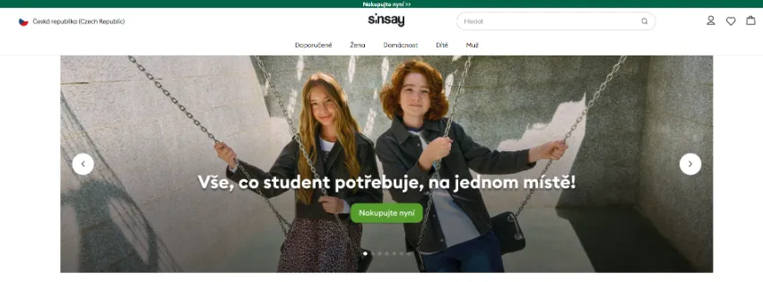 Úvodní stránka e-shopu Sinsay.com s trendy módou, obuví a módními doplňky pro ženy i muže