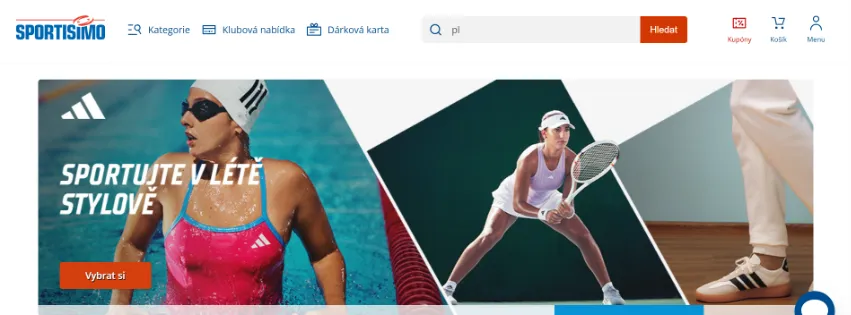 Úvodní stránka e‑shopu Sportisimo.cz se širokou nabídkou sportovního oblečení, obuvi a doplňků pro různé sporty