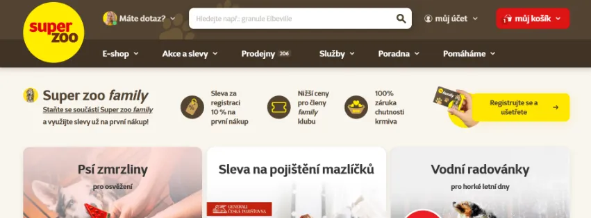 Úvodní stránka e‑shopu SuperZoo.cz se sortimentem krmiv, hraček, pelíšků a chovatelských potřeb pro psy, kočky i malé zvířata