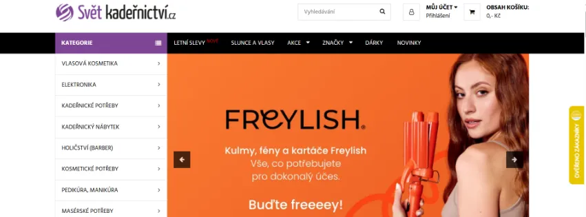 Úvodní stránka e-shopu SvětKadeřnictví.cz s profesionálními kadeřnickými potřebami, nábytkem a vlasovou kosmetikou pro salony i domácí použití