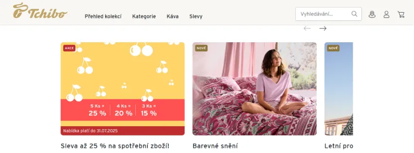 Úvodní stránka e-shopu Tchibo.cz s aktuálními kolekcemi módy, kávovými produkty a bytovým zařízením
