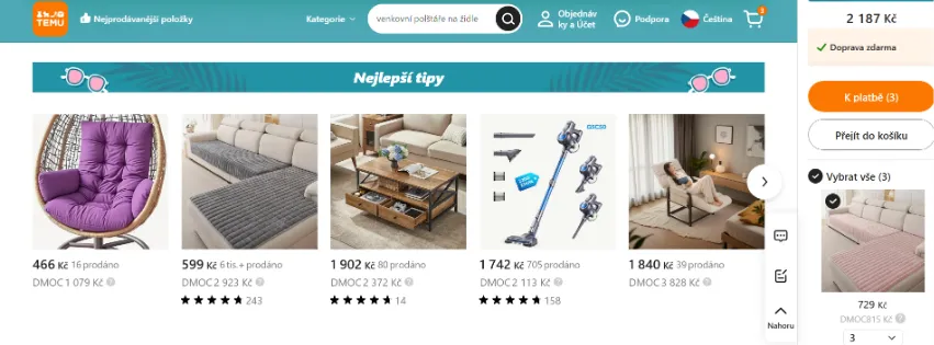 Úvodní stránka e-shopu Temu.com s širokou nabídkou módy, elektroniky, domácího vybavení a kosmetiky za výhodné ceny