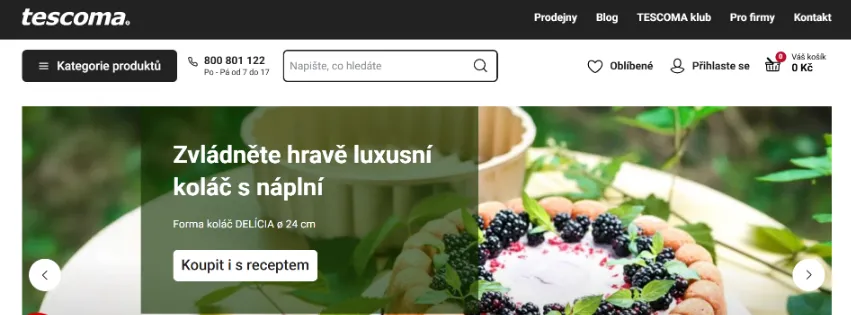 Úvodní stránka e-shopu Tescoma.cz s širokou nabídkou kuchyňských potřeb, nádobí a domácích spotřebičů