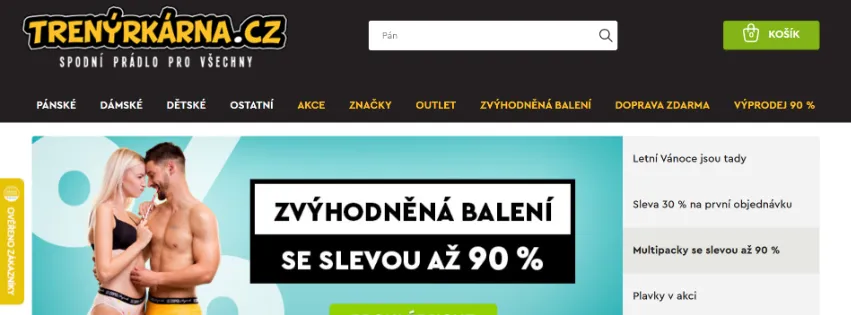 Úvodní stránka e-shopu Trenýrkárna.cz s pánským, dámským a dětským spodním prádlem, pyžamy a župany