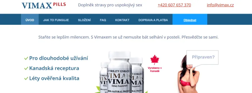 Úvodní stránka e-shopu Vimax.cz s doplňky stravy pro podporu erekce, libida a hormonální rovnováhy u mužů