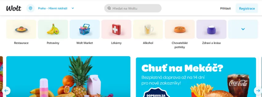Úvodní stránka e-shopu Wolt.com s rychlým doručením jídla, potravin a dalších produktů z místních obchodů a restaurací