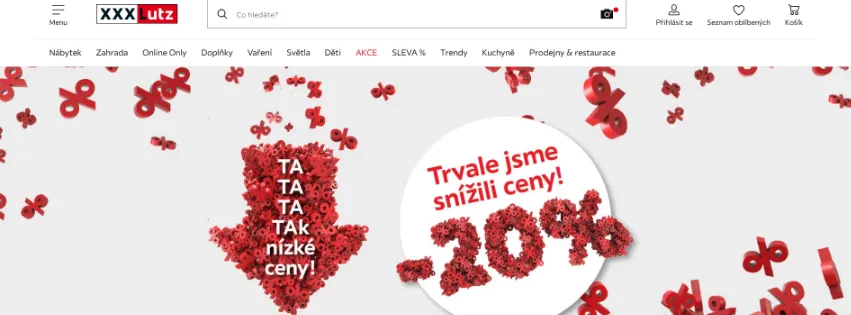 Úvodní stránka e-shopu XXXLutz.cz s širokým výběrem nábytku, sedacích souprav, ložnicového vybavení a dekorací