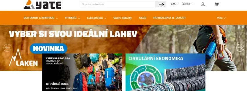 Úvodní stránka e-shopu Yate.cz s outdoorovým vybavením, fitness pomůckami a produkty pro lukostřelbu