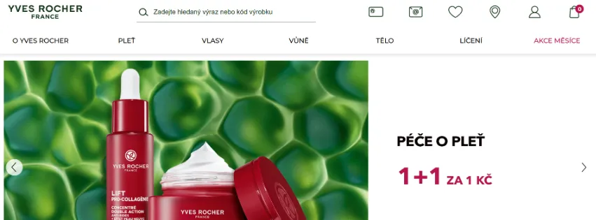 Úvodní stránka e-shopu Yves-Rocher.cz s přírodními pleťovými krémy, séry, maskami a produkty pro péči o pleť a vlasy