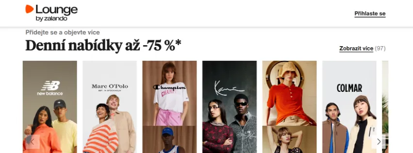 Úvodní stránka e-shopu Zalando Lounge CZ s denními nabídkami až -75 % na módu, obuv, doplňky a vybavení domácnosti