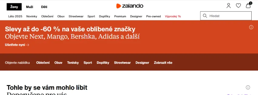 Úvodní stránka e-shopu Zalando.cz s módou, obuví a doplňky pro ženy, muže i děti