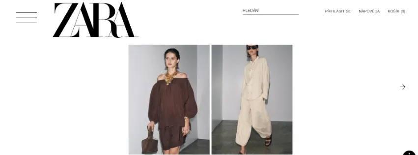 Úvodní stránka e-shopu ZARA.com s aktuálními kolekcemi oblečení, obuvi a doplňků pro ženy, muže a děti