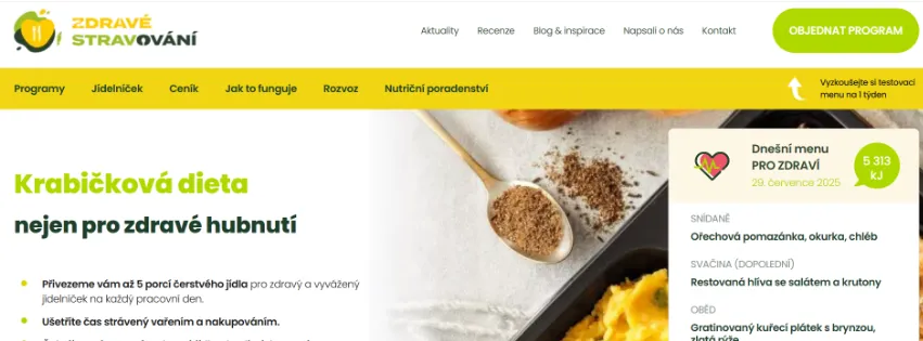 Úvodní stránka e-shopu Zdravestravovani.cz s nabídkou krabičkové diety, zdravého stravování a nutričního poradenství