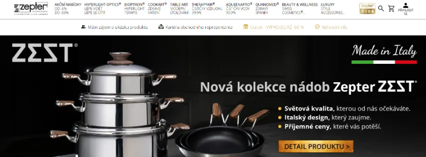 Úvodní stránka e-shopu Zepter.cz s prémiovým nádobím Masterpiece, čističkami vzduchu Therapy Air a světelnou terapií Bioptron