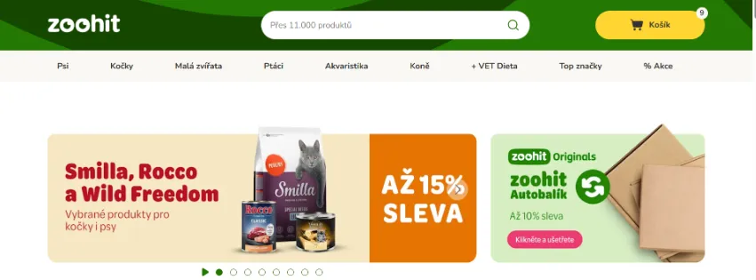 Úvodní stránka e-shopu Zoohit.cz s širokou nabídkou krmiv, hraček a potřeb pro psy, kočky, hlodavce, ptáky a akvaristiku
